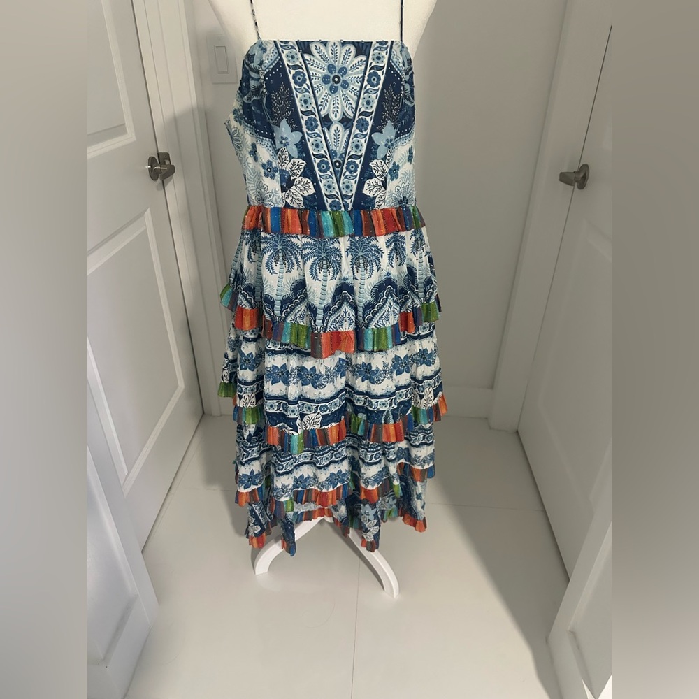 Farm Rio blue palms Ruffle Dress